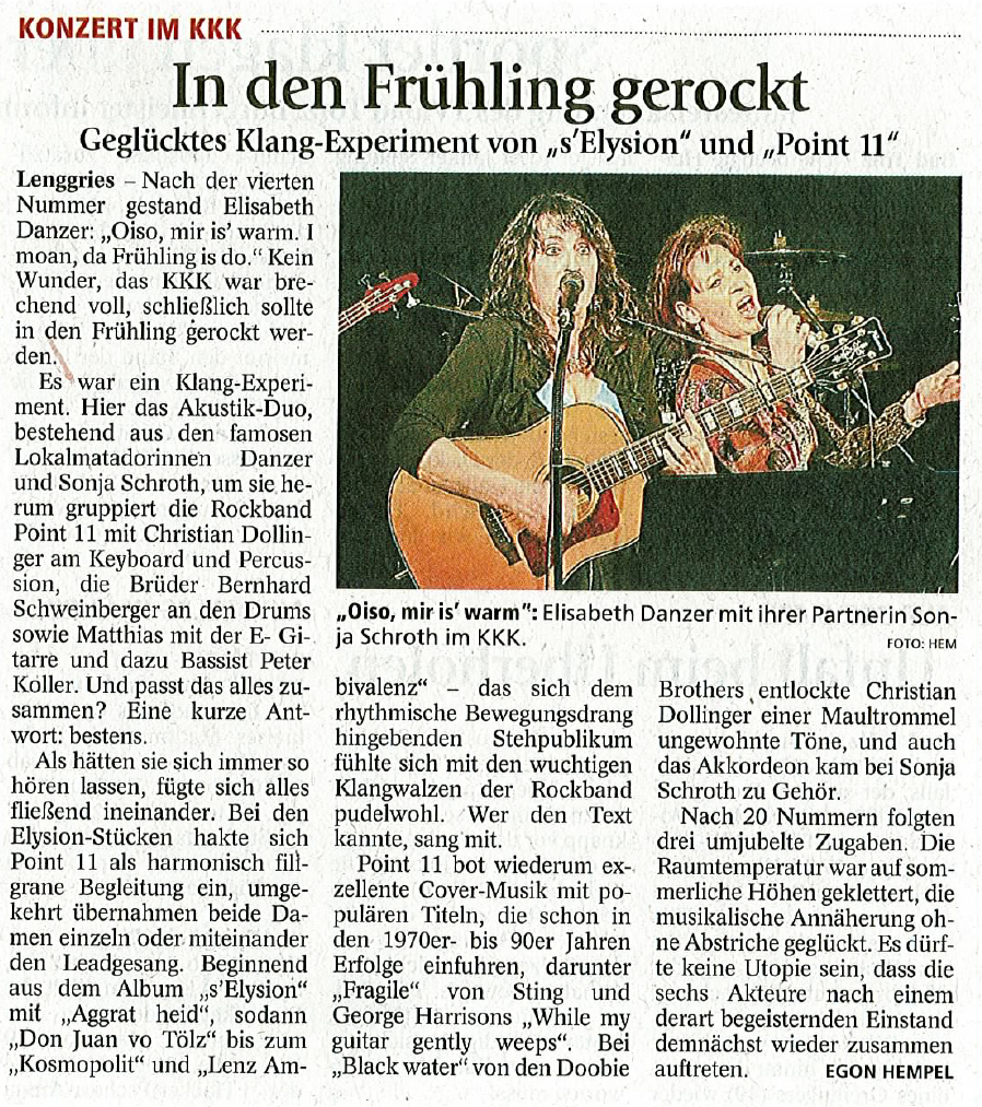 Kritik des Konzerts von S´Elysion und Point 11 im KKK Lenggries aus dem Tölzer Kurier vom 4.3.2013